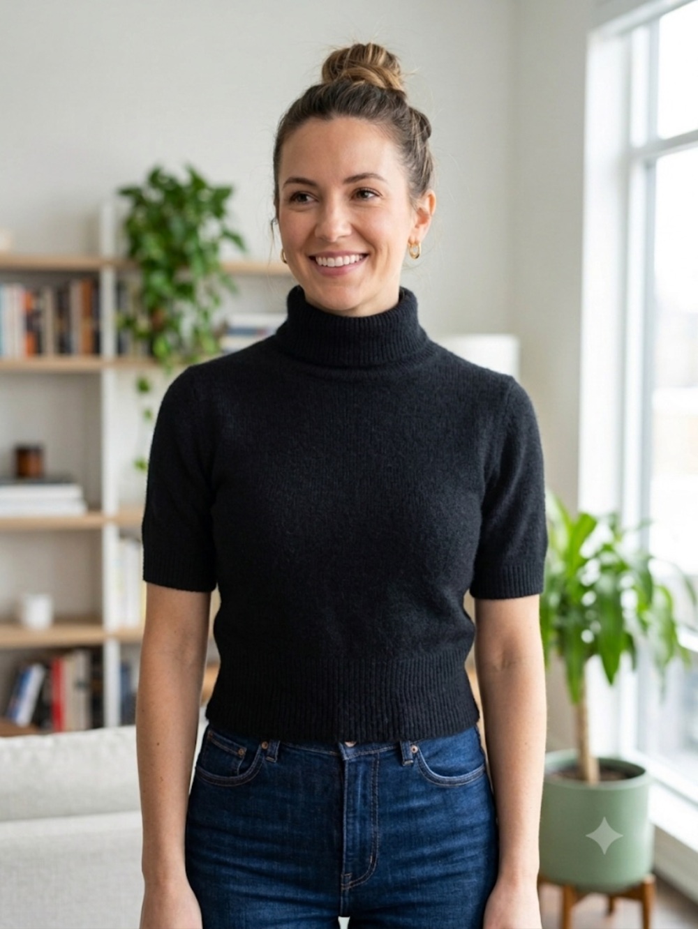 Vintage BRAVO Black Short-Sleeve Turtleneck Sweater RABBIT HAIR ANGORA L